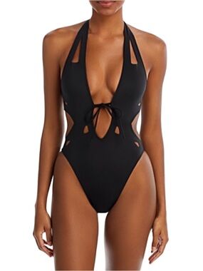 GIGI C Charlie Plunging One Piece Swimsuit Black Cutout Halter M NWT